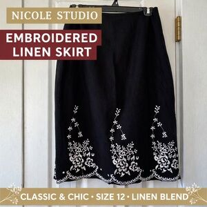 Nicole Studio Black Linen Blend Embroidered Skirt Size 12 Floral Hem Vintage